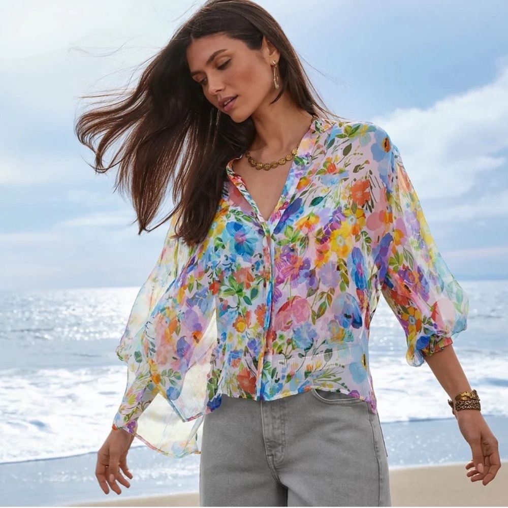 Johnny Was Jade Hunni Silk Chiffon Floral Bead Button Up Blouse PXL Brand New
